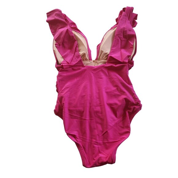 J. Crew Ruched Ruffled One-Piece Swimsuit Pink Size 10 Plunge Padded Scoop Back - Picture 7 of 8